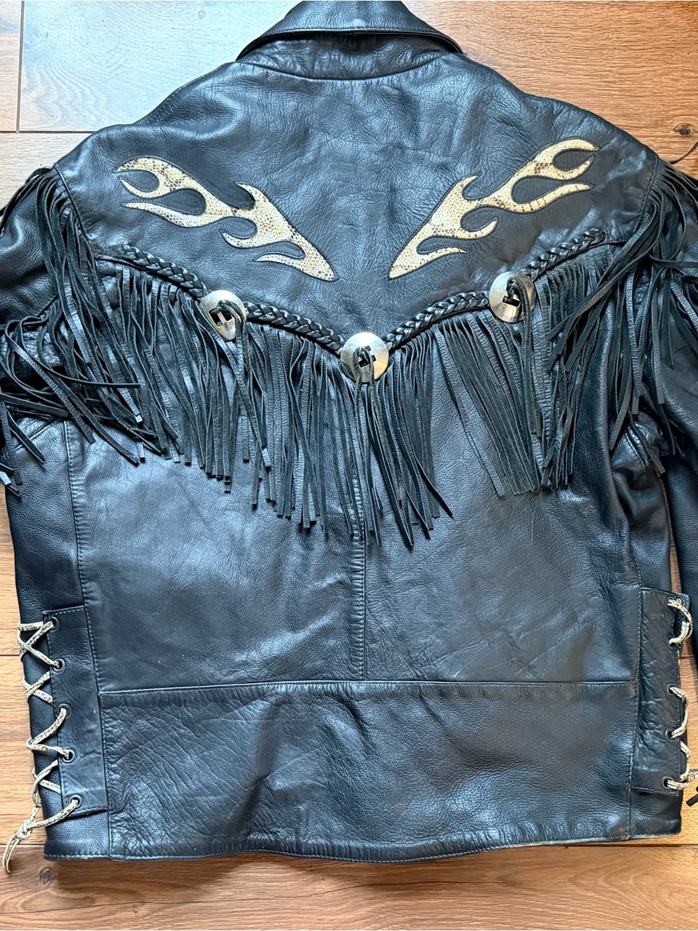 Men's Black Leather Fringe Jacket with Snake Flame Accents - Picture 7 of 13